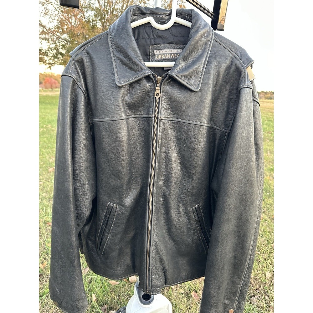 Structure Urbanwear Black leather‎ jacket Men insulated Full zip Motorcycle Bike